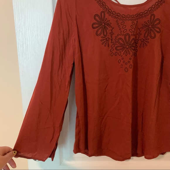 Fall rust embroidered long sleeve work blouse - Picture 3 of 7